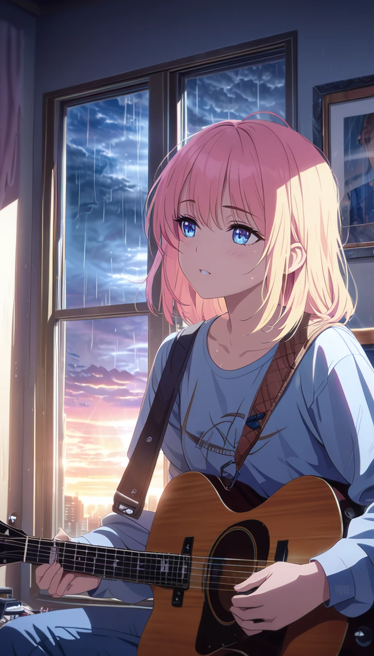 men playing guitar, sitting at the window, her room has a window pointing outside and the sky is cloudy while it's raining, detailed face and body, beautiful eyes, realistic, vivid colors, dramatic lighting, cinematic composition, photorealistic, 8k, high quality, masterpiece
