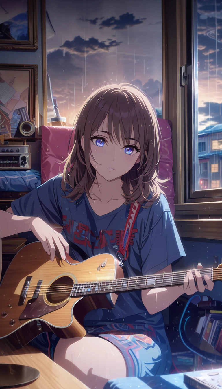men playing guitar, sitting at the window, her room has a window pointing outside and the sky is cloudy while it's raining, detailed face and body, beautiful eyes, realistic, vivid colors, dramatic lighting, cinematic composition, photorealistic, 8k, high quality, masterpiece