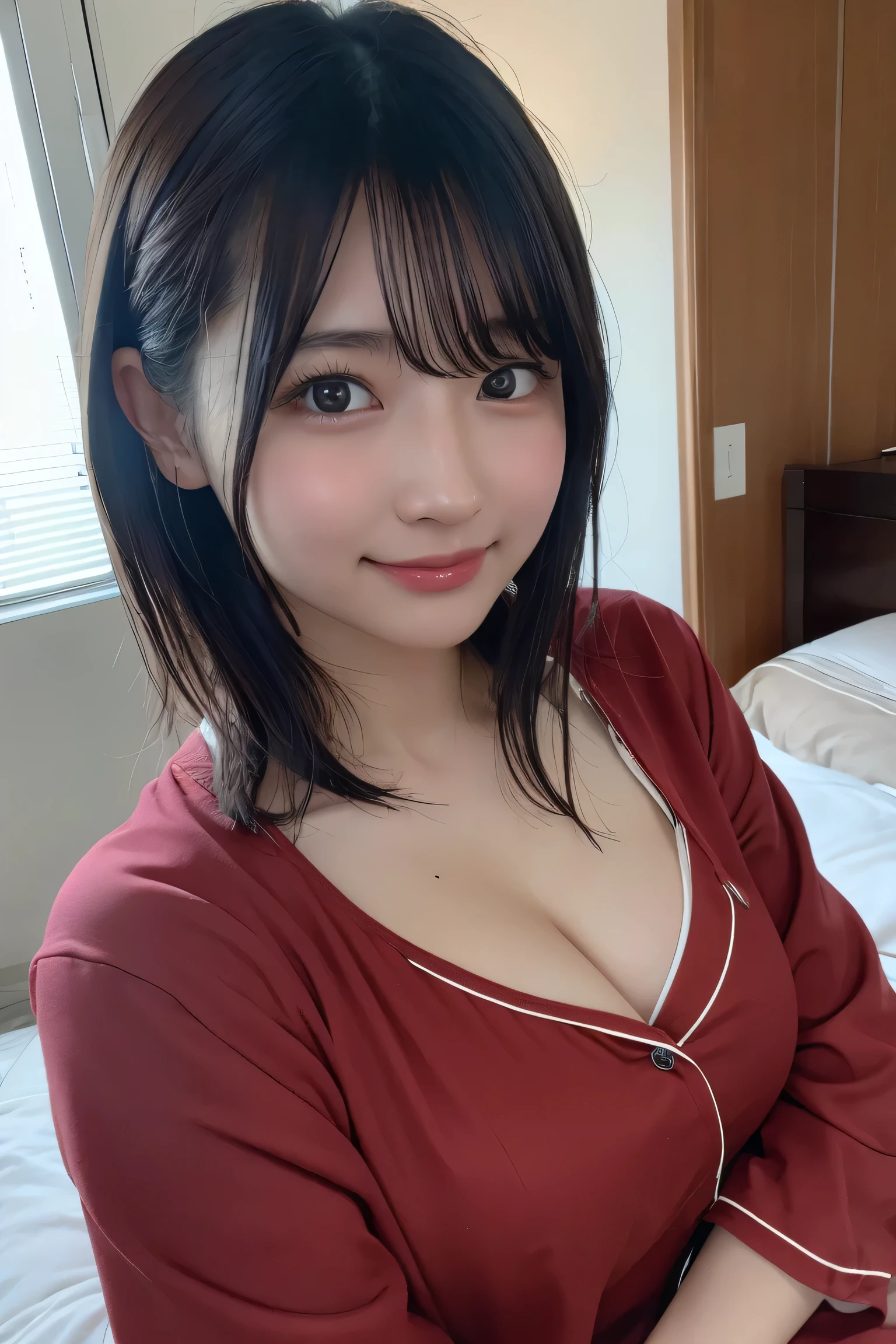 (8K, RAW Photos, Highest quality, High resolution: 1.1), (ultra Realistic: 1.4), (Realistic, Realistic: 1.3), The Beauty of Japan, pajamas, ((Upper Body: 1.3)) High resolution, Realistic image of a Japanese woman with short hair, She has big breasts and red cheeks, Look at that, smile She looks at it, smile, While taking a selfie. Her smartphone is close to her face. She appears to be live streaming from her home., Spread on the bed, With a blanket over my chest.