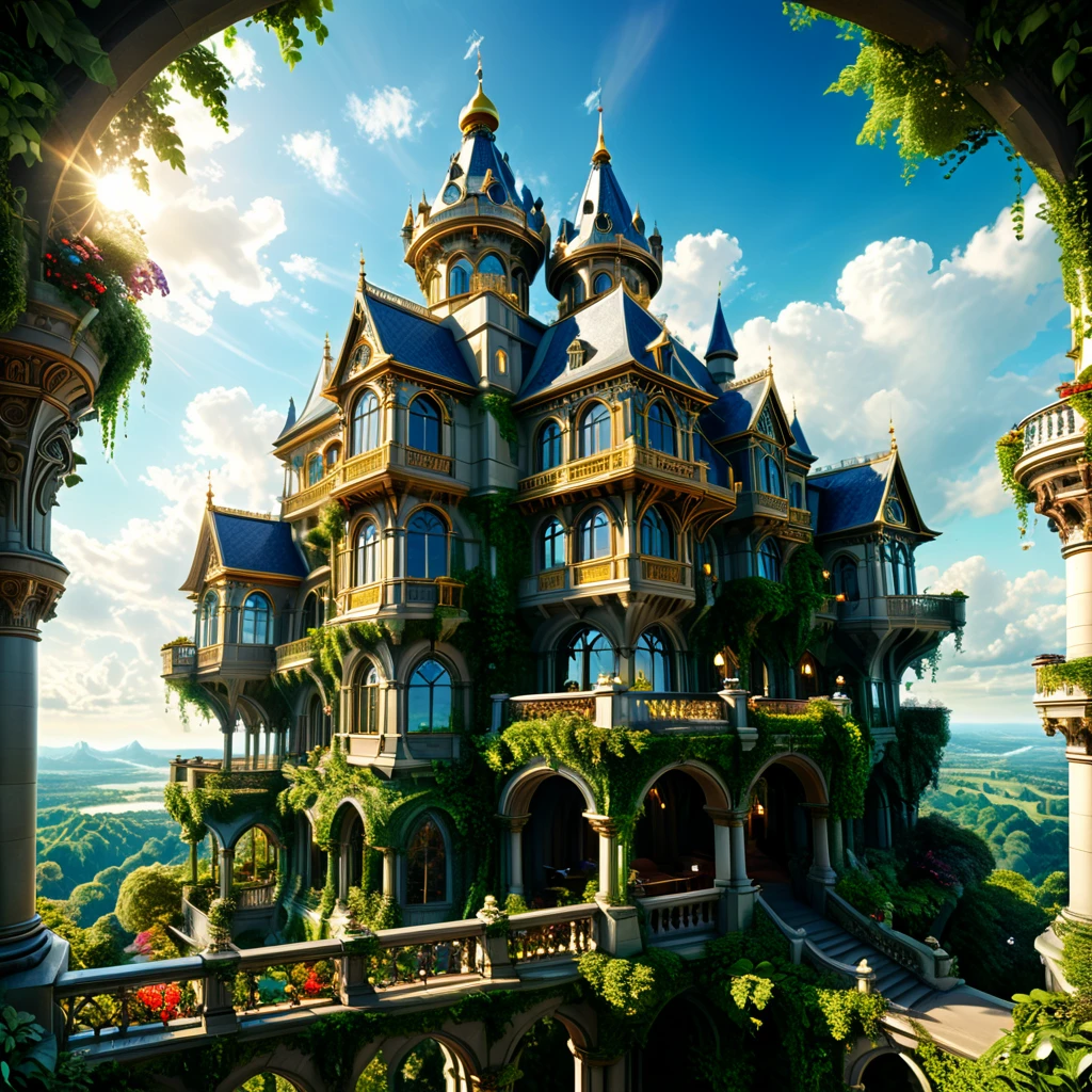 a magnificent floating royal castle in the sky, a huge astronomical telescope on the balcony, ornate architecture, highly detailed, intricate carvings and decorations, glowing crystals, sunlight streaming through stained glass windows, overflowing gardens, lush greenery, (best quality,4k,8k,highres,masterpiece:1.2),ultra-detailed,(realistic,photorealistic,photo-realistic:1.37),detailed lighting, dramatic shadows, vibrant colors, fantasy, digital art, concept art