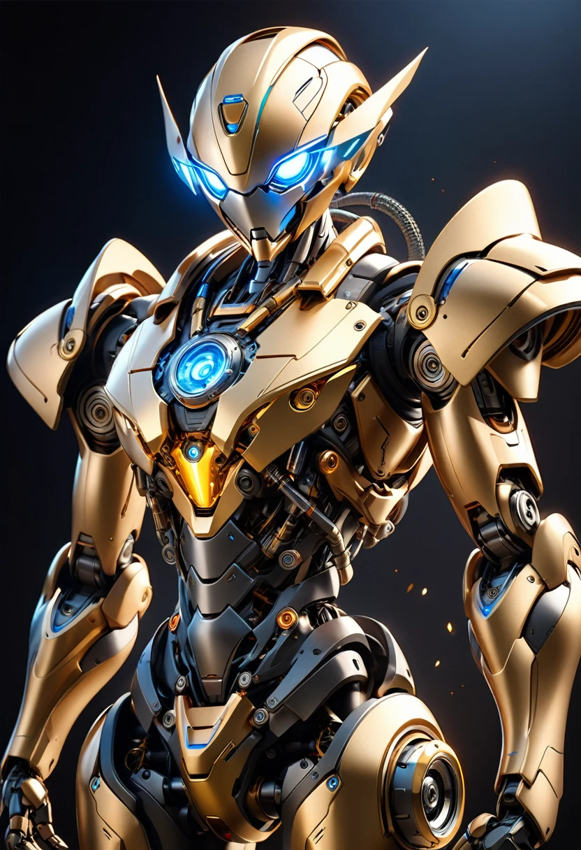 Ultra-high definition 3D CG concept art.Highly detailed portrait of a realistic robot .The robot's head is round and flat.  stylish two-eyed face that glows red.The body is slim and stylish, (pocket on the abdomen 1.5), ( stylish red collar and a golden bell around his neck1.3),The legs are bipedal 、(The main colour used is blue1.2),The face abdomen and legs are stylishly painted in white、Black background,The stylish depiction of the robot, the realism of each part of the mechanism, the texture and shine of the body and mechanism、Cinematic lighting, ultra-fine painting, physically based lettering,(Masterpiece, Best Quality, 16k), Ultra Super Fine View,Ultra detail,