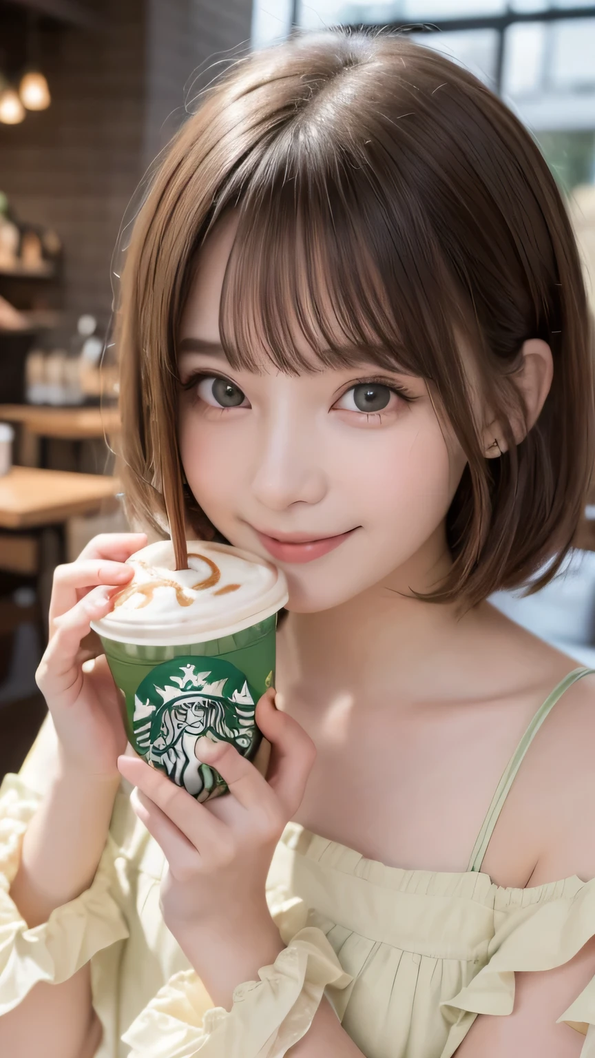 closeup shot , Best picture quality (8K, high resolution, Masterpiece: 1.2), super detailed,  215 Short Hair, 16-year-old woman, 

A cute frilly dress。
At Starbucks Coffee、Drinking a Frappuccino


, Close-up of face 

, random cute pose ,big eyes ,Puffy eyes ,  Heart Pupil, blush  , huge shy smile , salute
