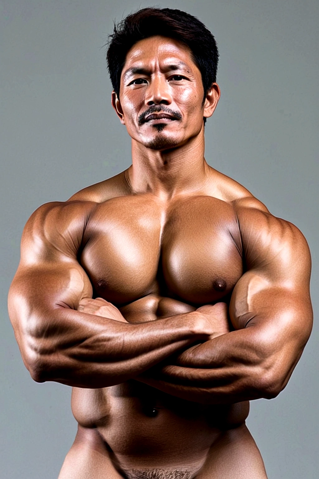 Naked Bodybuilder,sunburn skin dark Black Japanese bodybuilde,Japanese man,、Developed muscleature atmosphere、,Oversized Big body,no body hair,naked,Very bulky Big underboobs, Skin with visible veins, medium length hair,A cinematic scene unfolds in 8k resolution, where in brig,(Gorilla-like face:0.6),Big Nose,(big penis:0.7)(Thick penis:0.7)(elect penis:1.4)(Detailed elect penis shape:1.4)nsfwong sexual attraction、Sex symbol、Big eyes、Thick lips