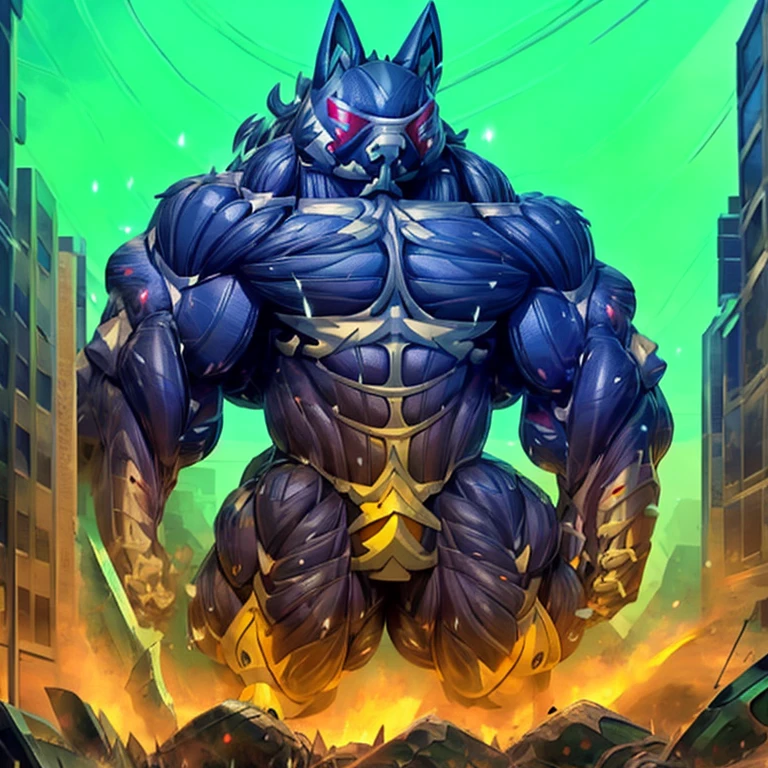 mega_lucario, (gigantic muscles), 8K, Masterpiece, highres, future fiction. Detailed head, Detailed Body, full body, Detailed abs, wearing crNanosuit, big muscle (pecs, triceps, traps) unusually developed muscular body, body full of huge muscles. showing off muscles, pectorales enormes. Exaggeratedly huge muscles. Gigachad Muscular, gigantic muscles, Colossal giant NANOSUIT over a battlefield, 
The claws are sharp,
Sharp teeth,
Spread wings, have big wings.
nj5furry, Animal paws, thunderstorm, rainy weather, lightning, City background, skyscraper, futuristic city, night, stars, night lights, Greninja, super hero, hero, bodysuit, massive muscles, huge pecs, chiseled abs, huge pectorals, exaggeratedly huge muscles. a furry hero whose presence inspires trust and respect. Wearing full plate armor, Its full plate armor emphasizes the muscles.