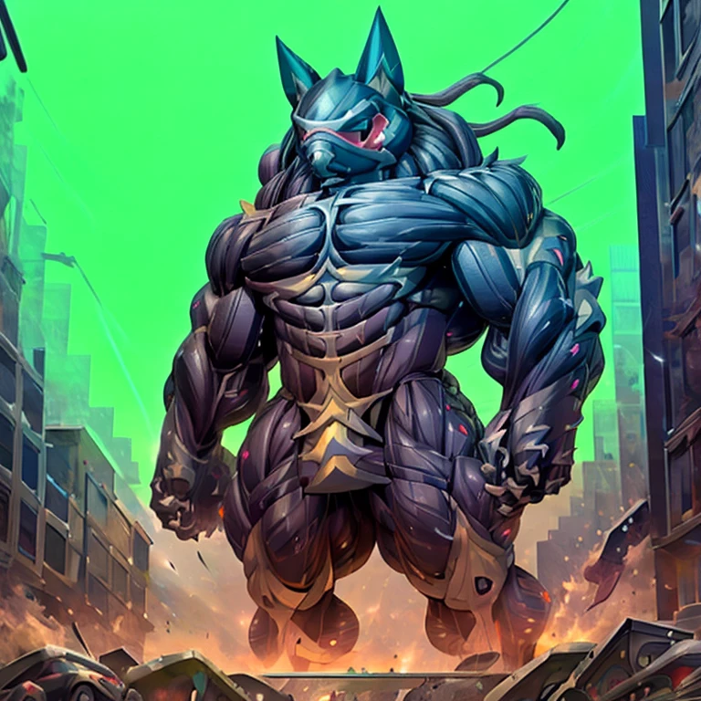 mega_lucario, (gigantic muscles), 8K, Masterpiece, highres, future fiction. Detailed head, Detailed Body, full body, Detailed abs, wearing crNanosuit, big muscle (pecs, triceps, traps) unusually developed muscular body, body full of huge muscles. showing off muscles, pectorales enormes. Exaggeratedly huge muscles. Gigachad Muscular, gigantic muscles, Colossal giant NANOSUIT over a battlefield, 
The claws are sharp,
Sharp teeth,
Spread wings, have big wings.
nj5furry, Animal paws, thunderstorm, rainy weather, lightning, City background, skyscraper, futuristic city, night, stars, night lights, Greninja, super hero, hero, bodysuit, massive muscles, huge pecs, chiseled abs, huge pectorals, exaggeratedly huge muscles. a furry hero whose presence inspires trust and respect. Wearing full plate armor, Its full plate armor emphasizes the muscles.