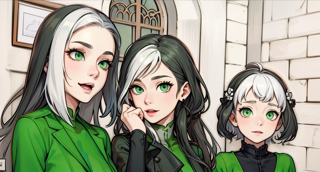 There are three 18-year-old girls with white hair and green eyes, they are delighted, in love, looking at someone.