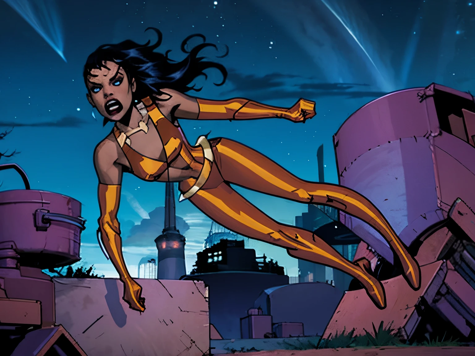 Vixen from DC comics, pointing at something, angry, screaming, backside view, night time, night sky background