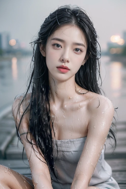 (Extremely detailed CG),(((8K))),wallpaper,((Extremely exquisite and beautiful)),(((masterpiece))),(((Best quality))),(((Ultra-high resolution))),Realistic shadows,(Smooth and flawless fair skin:1.5),(Extremely delicate facial details:1.2),(Extremely detailed:1.5),((A beautiful girl,Solitary)),(Shoulder-length straight hair:1.2),(wet hair:1.5),(Small head:1.2),(Thin face:1.2),(Exquisite makeup:1.3),(Happy:1.2),(lol:1.2),(Perfect body:1.1),(wet:1.5),(Sweat:1.3),(Glowing skin:1.5),(Short sleeve:1.2),(The strapless one is broken:1.3),(Small Breasts:1.2),(flat chest:1.2),((Slim,Thin)),(From the front:1.3),(sit on the floor:1.3),(On the riverside path:1.5),(Cityscape in the distance:1.3),(outdoor:1.3),(early summer:1.3),(Day scene:1.3),(rain:1.3),(Gray:1.5),(Dim Lights:1.5),(Close-up of face:1.3)