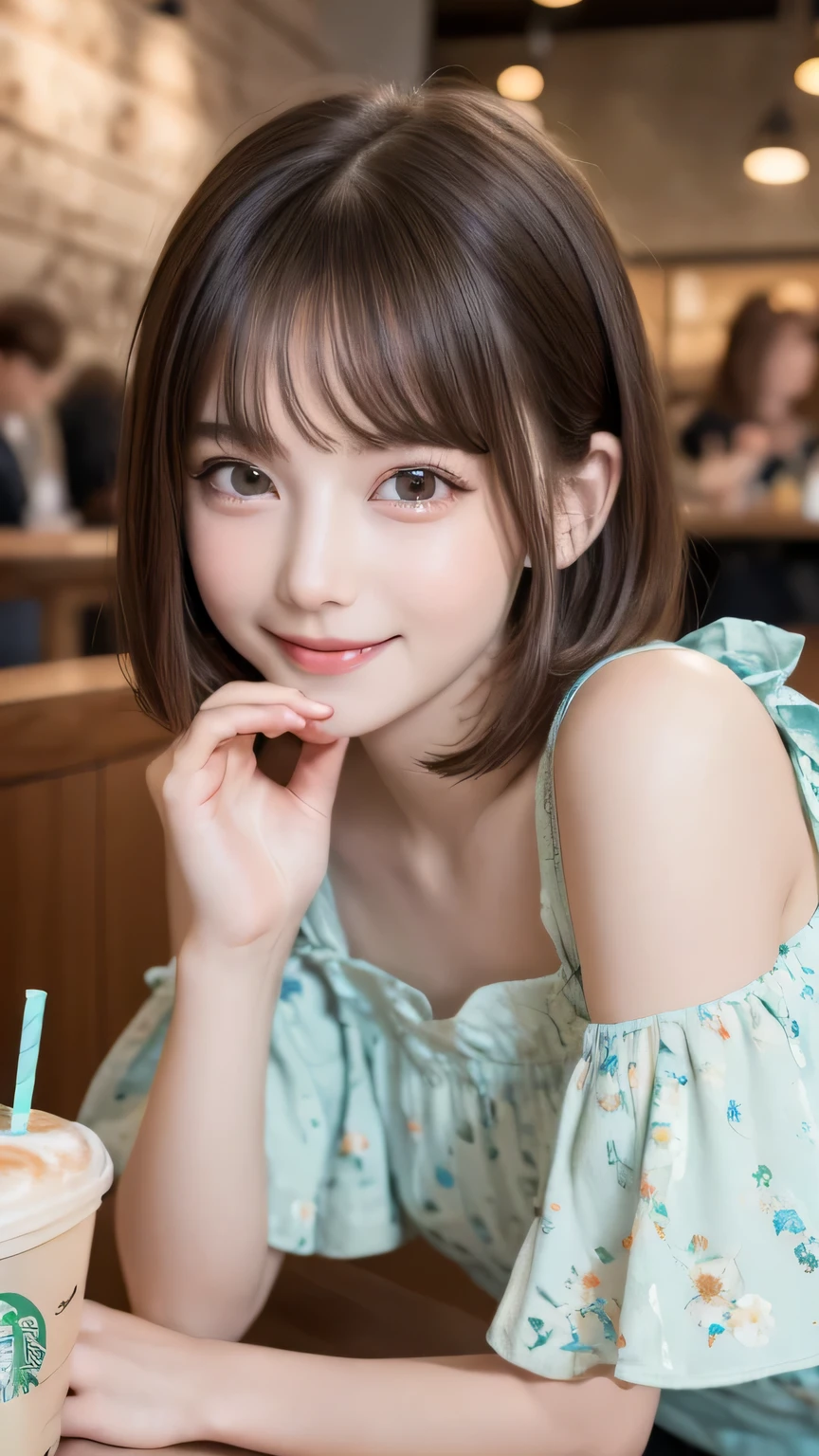 closeup shot , Best picture quality (8K, high resolution, Masterpiece: 1.2), super detailed,  215 Short Hair, 16-year-old woman, 

A cute frilly floral dress。
At Starbucks Coffee、Drinking a Frappuccino


, Close-up of face 

, random cute pose ,big eyes ,Puffy eyes ,  Heart Pupil, blush  , huge shy smile , salute
