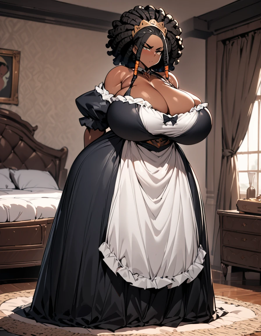 SFW, SLAVE FEMALE, Maid for sale. An African (very black skin) domestic worker for text "US dollar" full body, barefoot, standing straight symmetrical, huge boob(masterpiece, best quality:1.2), smirking smile, red blush, wet body, looking at viewer, hands on hips, twintails, twin drills, dress, blue pantyhose, striped pantyhose, Handcuffs on their hands, With a collar around the neck, slave catgirl ((black choker, shackles on legs and armedroom background (bed, pillow, sheet))