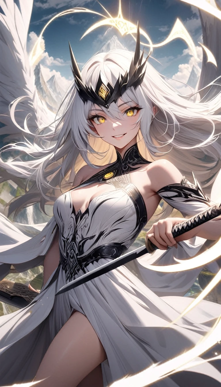 perfect eyes, elegant stance, happy, long white hair, yellow eyes, black tiara, mountain, clouds, epic, close shot, looking at viewer, parted lips, teeth, badass smiling, medium breast, white dress, bare shoulders, magic circle glyph incantation from one hand and a black katana sword in the middle of coming of the magic circle