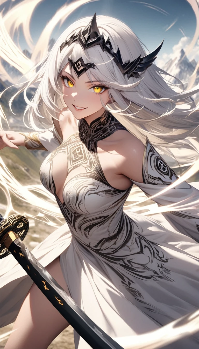 perfect eyes, elegant stance, happy, long white hair, yellow eyes, black tiara, mountain, clouds, epic, close shot, looking at viewer, parted lips, teeth, badass smiling, medium breast, white dress, bare shoulders, magic circle glyph incantation from one hand and a black katana sword in the middle of coming of the magic circle