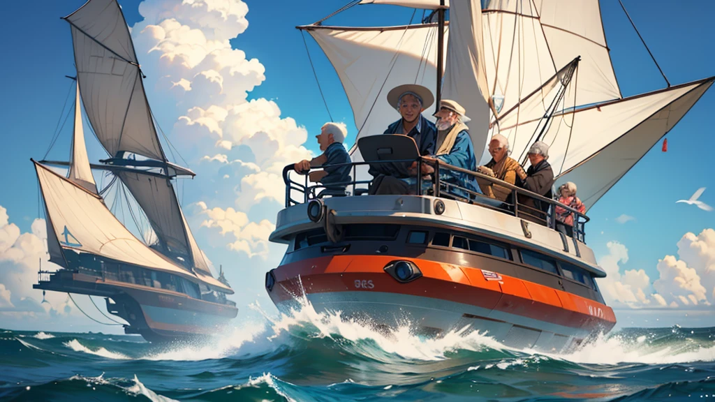 An old man giving a bunch of kids a story. All on a futuristic hovering water vehicle zooming across the ocean in the morning