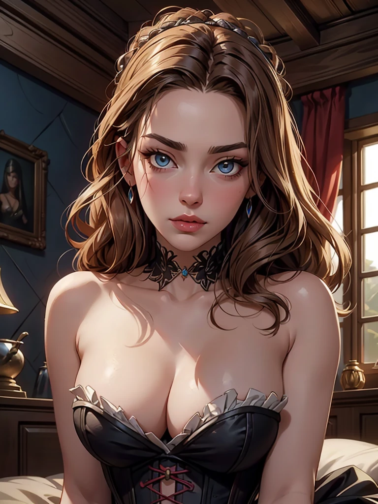 beautiful portrait of stunningly beautiful Margaery Tyrell as a medieval courtesan, corset, low-cut neckline, cleavage, large brests, jewelry, sharp focus on the eyes, fantasy concept art, , sultry look, seductive, inviting expression, detailed medieval bedroom in background, seductive pose、sultry look, seductive,