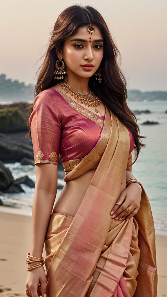 upper half body of (A hyper-realistic), (illustration), (high resolution), (8K), (highly detailed), (The best illustration of beautiful detailed image), (top-quality), (big breasts with bra}, (ultra-detailed), (masterpiece), (beautiful attractive face), long hair, Earrings with bangs, ((20 year old Pakistani beautiful girl)) , (((wearing Indian pink silk traditional sari draping ))) , (((Glamorous body))) , Elegant Pose, Seduction pose, Looking at the camera, beach background