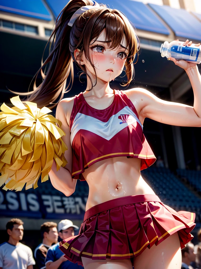 Highest Resolution,Highest quality,A beautiful girl with a crying face, a cheerleader, drinking a sports drink,sunny,Tears and saliva dripping,Brown hair ponytail,