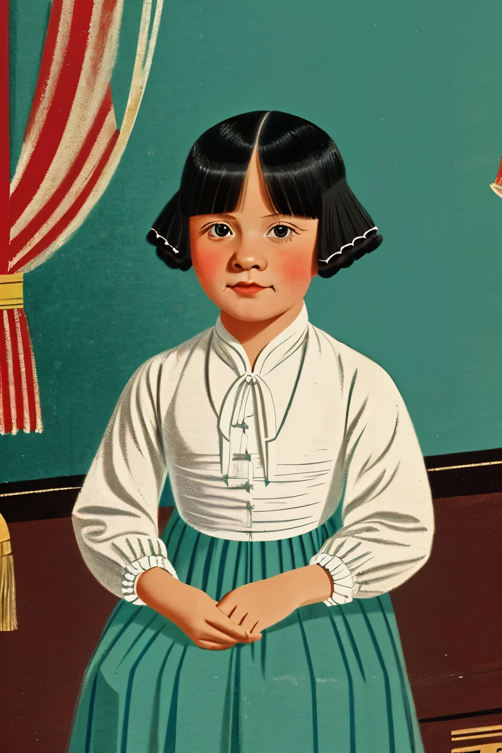 Puwei, China, 1828. A little ((((5-year-old)) WhiteLily)), girl, ((((clothings from the 1820s)))), ((short bob hairstyle of the 1820s)), ((colorful))