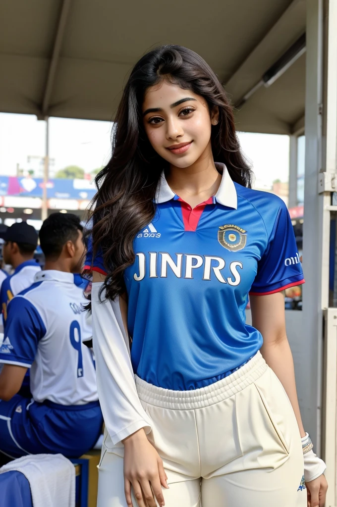 JanhviKapoor, a photo of a woman, at a cricket game, wearing jersey, smile, best quality, detailed skin
