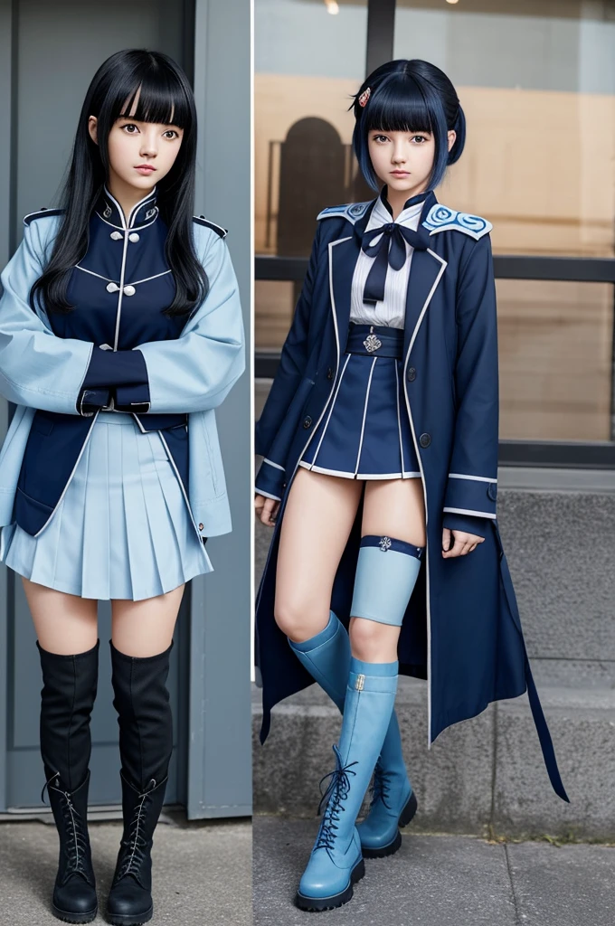 Make a kimetsu no yaiba character, Women, that has black and loose hair, with bangs in the front hair split in two, light blue haori, and navy blue jacket uniform, half short skirt, long light blue knee stockings, and boots like Kanao Tsuyuri&#39;s, gray eyes with black pupil, like those of Daki the upper sixth moon, and light and cute smile. Illuminating blue pearl earrings.