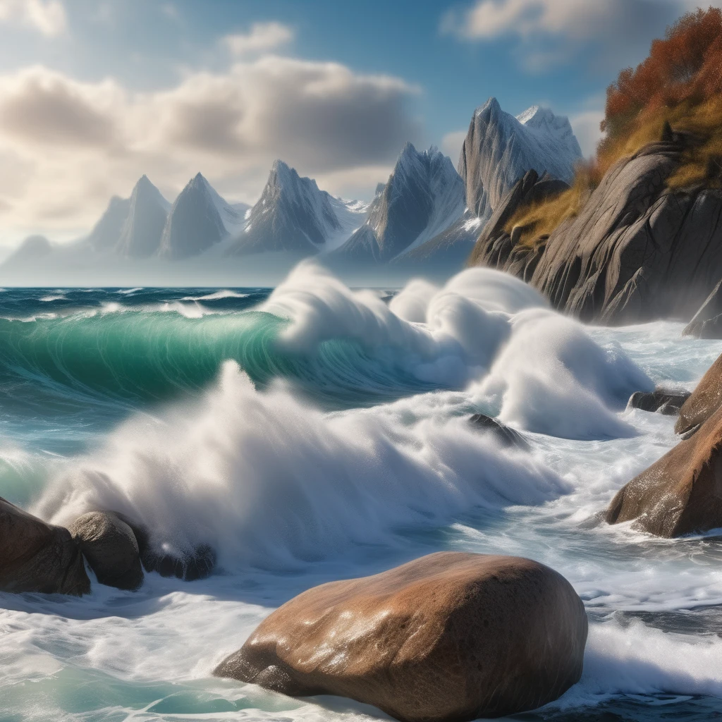 Waves are crashing against the nearby large rocks like waves, the spray is scattering, and the mountains in the distance are blurred.Delicate, Photography, 3D