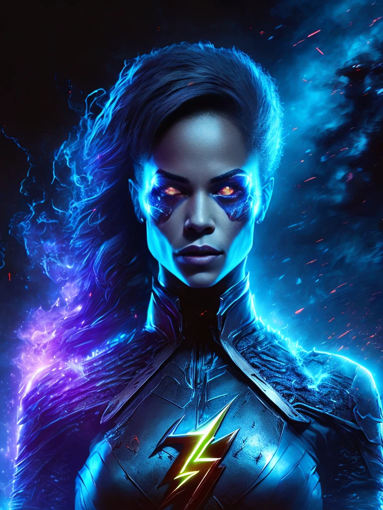 retrato sombrio de Zombie Black Flash da DC female, extremely detaild, futuristic city scape, night time, Bright neon lights, smoke, sparks, metal shavings, flying debris, blue energy effects, volumetric light