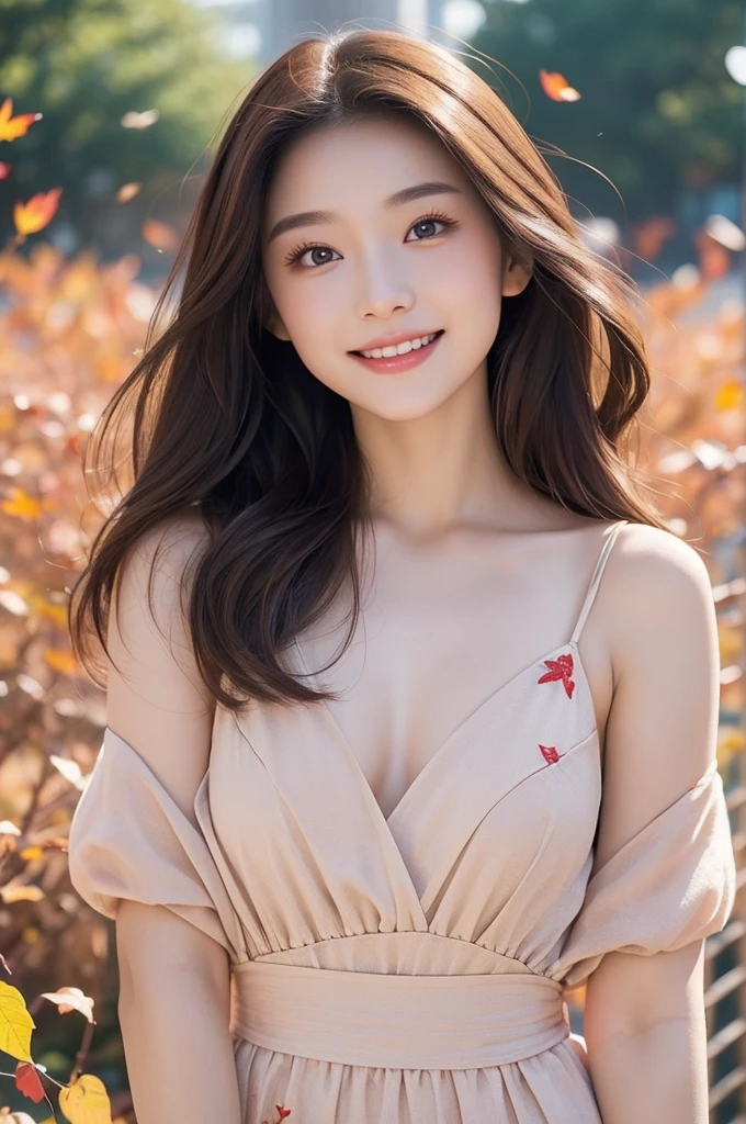 8K Super Resolution、Beauty、One Lady、Dark Brown Hair:1.1、Ultra-detailed face、Detailed lips、important、(Eyes meet)、double eyelid、Princess Eyes、 Beautiful Japanese Woman、Beautiful Japanese Woman、 Sensual lips、Bewitching body、Bust size 82、8 Life-size、Standing in a provocative pose facing forward with a well-balanced, natural body、Girlfriend in her 20s、(28 years old)、far and near method、Smile with a beautiful smile、 Wearing a one-piece dress、Hair blowing in the wind、Clear images、The sparkle of tiny eyes、Fine autumn leaves dyed red、color々Hair style、