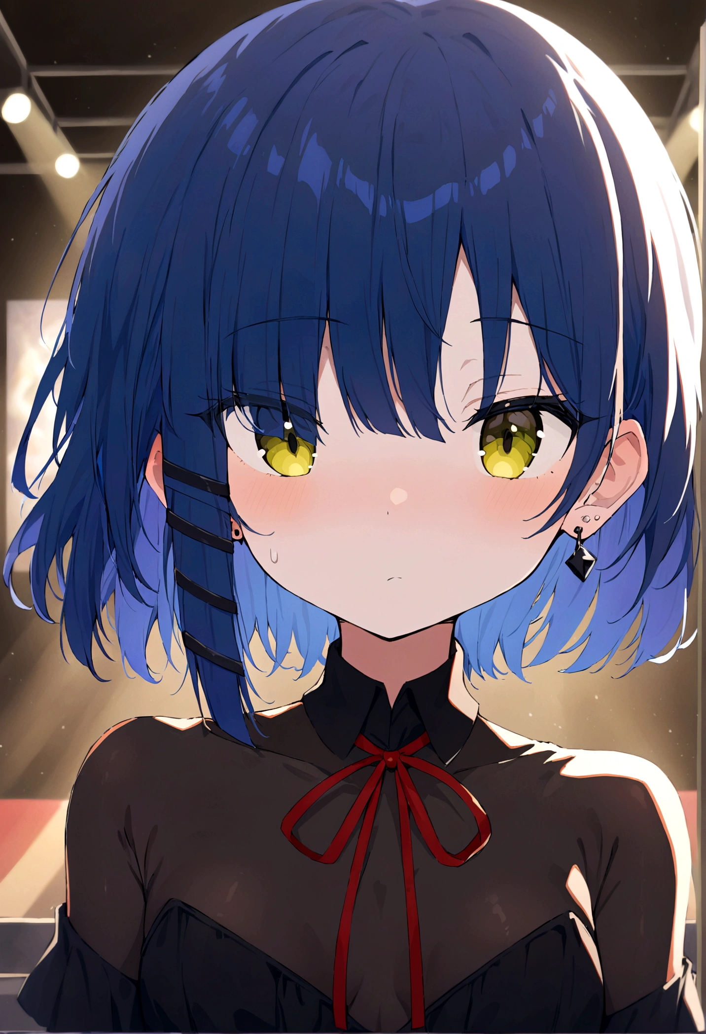 (best quality, highres, masterpiece : 1.4), (flatten art : 0.8), masterpiece, (best quality), 1girl (ager) , anime, deep blue hair hair, 2 black hair clip, black pin earring, fair skin, faint yelllow eyes, small sized breast, no expression, (detailed face), (black dress, red ribbon), close-up, night, eyes to the viewer, (background: indoor music stage, indie vibe)