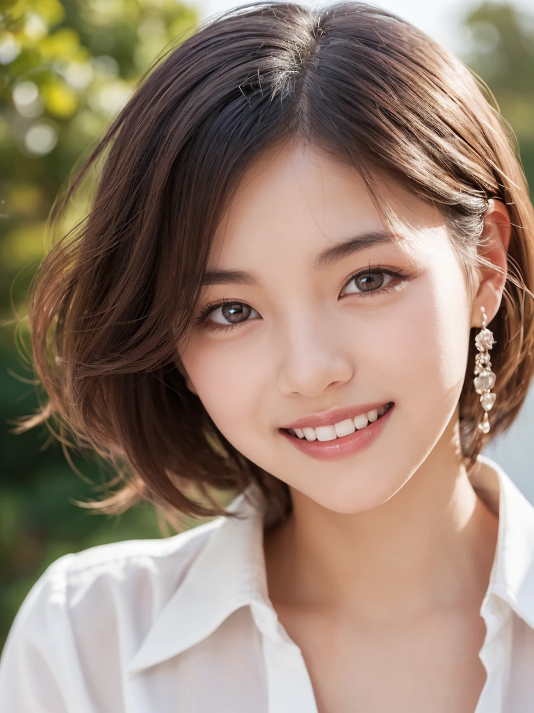 (In 8K, Highest quality, Tabletop, Ultra-high resolution, High quality face:1.5), (Very detailed),  (Young Adult Model:1.3),(Photorealistic:1.4) (Look diagonally:1.6), 1 beautiful girl, White skin, (とてもWhite skin, Glittering Skin:1.4), Pin Spot Light, (Beautiful Eyes, Light in your eyes), Shiny, Hair that makes you want to touch it, Squint your eyes and laugh, Dazzling Smile, de luz, cute, refreshing, Natural Hair, ((Beautiful woman in a white shirt)), Super low-rise, 8 Life-size, Accuracy,  Soft hips,  (Japanese),White background, Portraiture, Lightweight texture