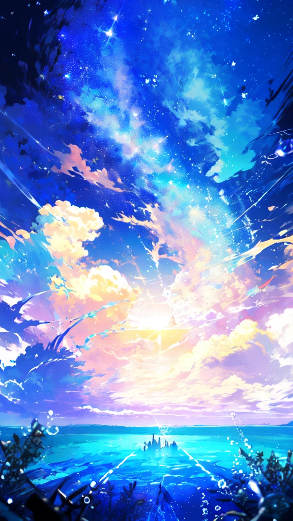-scenery, 1girl, sky, Star (sky), Highest Resolution、Sunlight from above, night, solo,Fine starry sky、 city lights, Starry sky, Fine bubbles、night sky, bubble, watercraft, outdoors, short hair, ocean, Big cloud,coloured glaze,