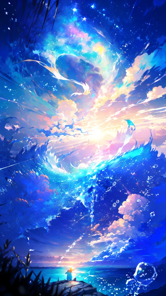 -scenery, 1girl, sky, Star (sky), Highest Resolution、Sunlight from above, night, solo,Fine starry sky、 city lights, Starry sky, Fine bubbles、night sky, bubble, watercraft, outdoors, short hair, ocean, Big cloud,coloured glaze,