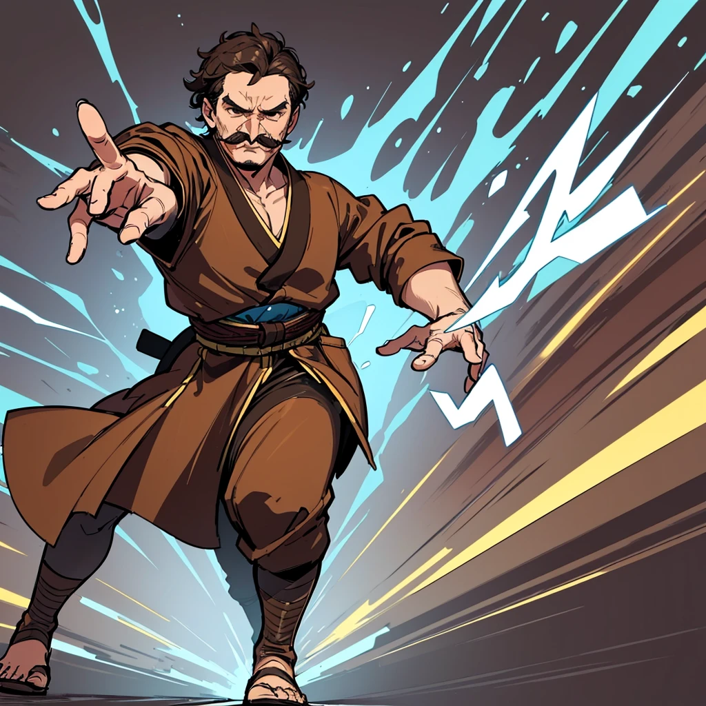 ((((Solo))))、Highest quality, Best Quality,Best illustrationiddle ages、(((Simple brown robe)))、(40-year-old uncle、mature、Kaiser moustache)、(LOL)、fight、(Diagonally below)、Kick、Run