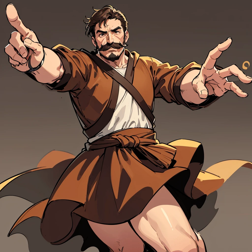 ((((Solo))))、Highest quality, Best Quality,Best illustrationiddle ages、(((Simple brown robe)))、(40-year-old uncle、mature、Kaiser moustache)、(LOL)、fight、(Diagonally below)、Kick、Run