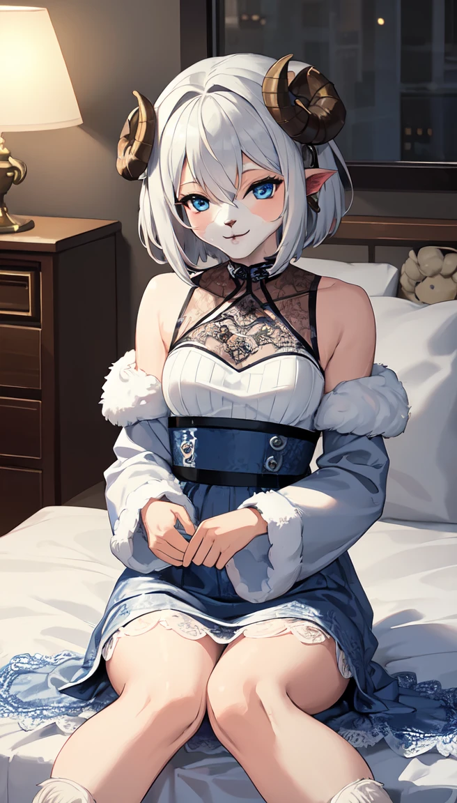 highest quality, ultra high resolution, super detailed, gorgeous, masterpiece, best quality, high resolution finely detailed, extremely beautiful, distinct image, hourglass figure, 1 girl, 2, (front-view), (side-view), soft and beautiful facial features, symmetrical face, simple sleeveless black frilly dress that clings tightly to her body, white waist apron, piercing blue eyes, innocent doe shaped eyes, well endowed E-cup breasts, tall height(190cm), slim and slender curvy body, athletic and flexible physiques, flowing snow-white hair, narrow waist, long legs, opulent bedroom background, snow-white skin, hip-level shot, snow-white feline tiger ears, white striped tiger tail protruding out her back, front-view,