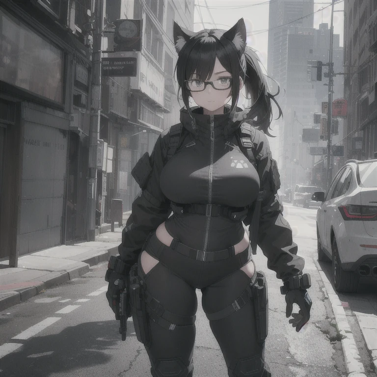 Absurd resolution, high resolution, (masterpiece: 1.4), hyper-detail, full body shot, solo, 1 kemono feline cat woman, humanoid, no skin other than neck and head shown, black hair, glasses, messy ponytail, cute face, detailed soft grey eyes, huge massive hyper super swollen breasts that cover her whole torso and are bigger than her head while being so big they reach her belly button, extremely large bust, wide full hips, narrower torso and shoulders, smaller torso, full thicc big soft thighs, big rounded full soft butt, ruggedized utility styled outfit, full body outfit coverage with no skin showing or revealed, weather-proof durable clothing material, nylon clothing material, monochrome black and grey fullbody covering protective padding pilot rugged utility suit with white chest, practical/functional clothing, custom made clothing to fit and support large breasts, scifi padded rugged high collar techwear jacket, white and black triangular decals and techwear iconography on apparel and clothing, techwear gloves, arm mounted strapped display scifi tablet/communication device/computer, rugged tablet display mounted on MOLLE strap on top of her bust, ruggedized computer tablet mounted above her breasts, screen display mounted on top of her chest, ruggedized tech, ruggedized tech aesthetic, fitted utility pants, utility chaps, near future scifi, cyberpunk aesthetic, anime aesthetic
