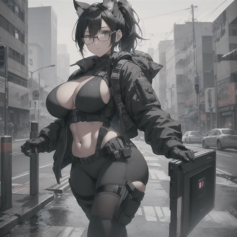 Absurd resolution, high resolution, (masterpiece: 1.4), hyper-detail, full body shot, solo, 1 kemono feline cat woman, humanoid, no skin other than neck and head shown, black hair, glasses, messy ponytail, cute face, detailed soft grey eyes, huge massive hyper super swollen  that cover her whole torso and are bigger than her head while being so big they reach her belly button,remely large bust, wide full hips, narrower torso and shoulders, smaller torso, full thicc big soft thighs, big rounded full soft butt, rugged utility styled outfit, full body outfit coverage with no skin showing or revealed, weather-proof durable clothing material, nylon clothing material, monochrome black and grey fullbody covering protective padding pilot rugged utility suit with white chest, practical/functional clothing, custom made clothing to fit and support large breasts, scifi rugged high collar techwear jacket, white and black triangular decals and techwear iconography on apparel and clothing, techwear gloves, arm mounted strapped display scifi tablet/communication device/computer, rugged tablet display mounted on MOLLE strap on top of her buedized computer tablet mounted above her breasts, screen display mountep of her chest, ruggedized tech, ruggedized tech aesthetic, fitted utility pants, utility chaps, near future scifi, cyberpunk aesthetic, anime aesthetic