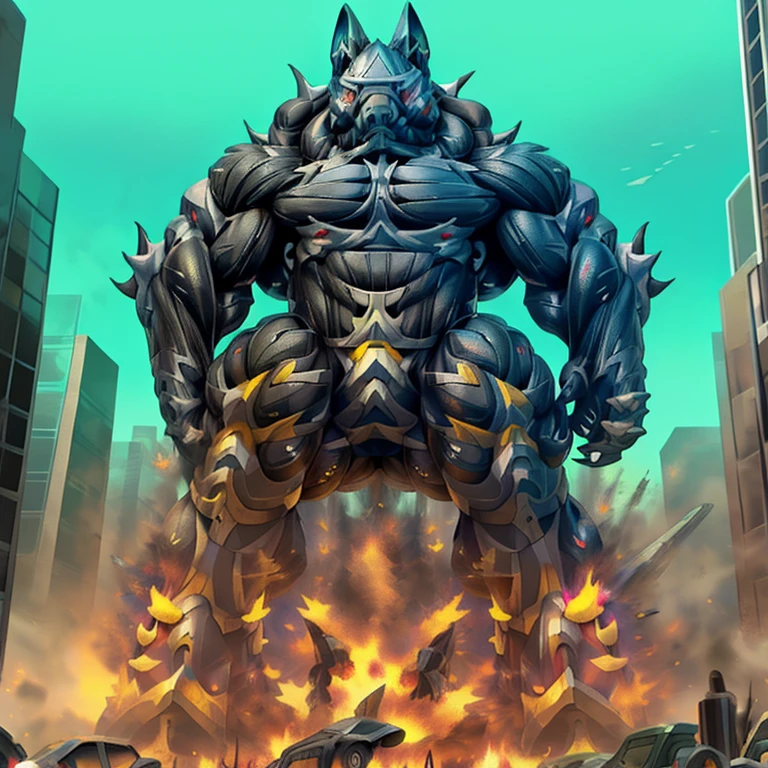 (masterpiece. official art. 8k. best quality. detailed full body. full body.)

(situation 1 : dominating mega_lucario. focus GIANT mechanical Muscular mega_lucario is trampling the CITY. macro. stomp. Low-angle perspective. emphasizing the immense size. The perspective is from below, emphasizing the sheer majesty and power of the Giant. giant art. He is much bigger than a skyscraper. Giga Giants. micro soccer field. looking down.)

(situation 2 :smoke and flames rising from the destruction in the city)

(Additional details 1: wearing a full-face helmet. helmet is jet black. The color of NANOSUIT is jet black. high-tech bio-mecha armor. real texture material. whole body shines like metal. Wearing cyberpunk mecha. emphasizes the muscles. suit fully made of metal. intricate armor. Robotic suit. suit fully made of metal. NANOSUIT with the same design as mega_lucario.).

(Additional details 2: (Detailed head. Detailed Body. Detailed abs. gigantic muscles. HYPER MUSCLES. Gigachad Muscular. big muscle. pecs. triceps. traps. unusually developed muscular body. body full of huge muscles. showing off muscles. pectorales enormes. Exaggeratedly huge muscles. huge muscles. long legs.).

(Additional details 3: nj5furry, Spread wings. It has wings. black have big wings. The claws are sharp. Sharp teeth.). 