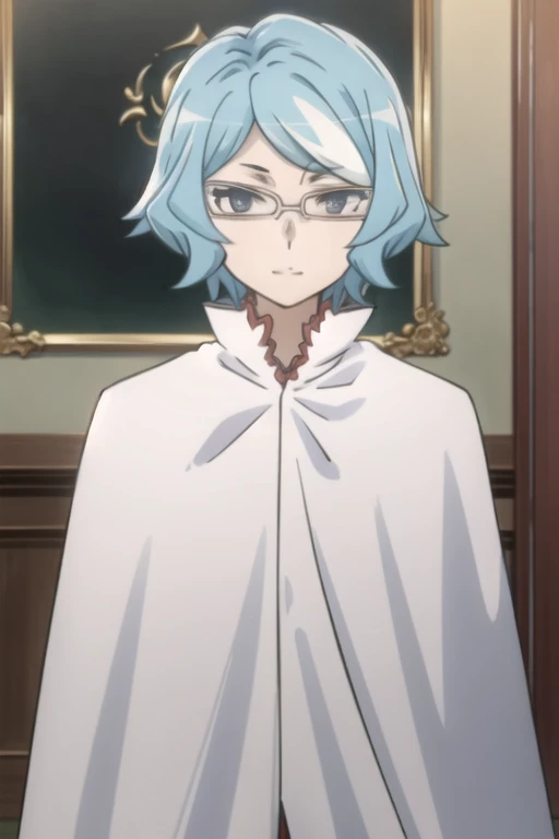 tall body, tall, long legs, smile, mature female, mature, adult, eft_danmachi_blue, glasses, 1girl, female focus, solo, upper body, looking at viewer, blue hair, blue eyes, grey hair, parody, short hair, white cape, closed mouth, expressionless, anime coloring