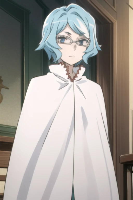 tall body, tall, long legs, smile, mature female, mature, adult, eft_danmachi_blue, glasses, 1girl, female focus, solo, upper body, looking at viewer, blue hair, blue eyes, grey hair, parody, short hair, white cape, closed mouth, expressionless, anime coloring