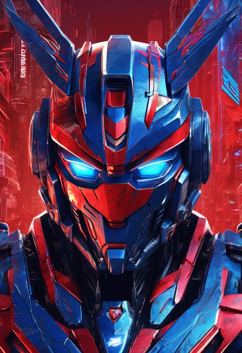 A close-up shot of a with a bold red and blue logo, rendered in the signature style of Android Jones. The digital art captures the essence of Tumblr and its transformative technology, reminiscent of the cinematic universe of Cybertron and the iconic Transformers franchise.