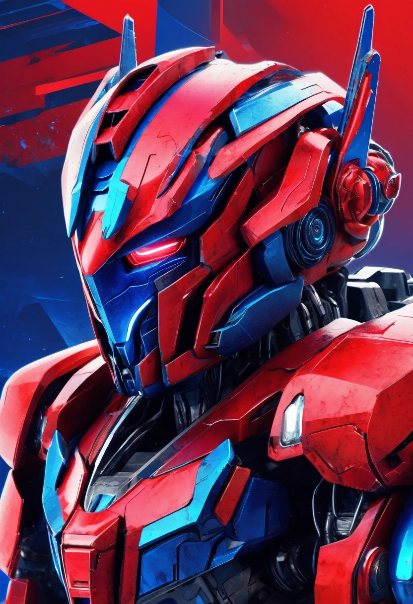 A close-up shot of a with a bold red and blue logo, rendered in the signature style of Android Jones. The digital art captures the essence of Tumblr and its transformative technology, reminiscent of the cinematic universe of Cybertron and the iconic Transformers franchise.