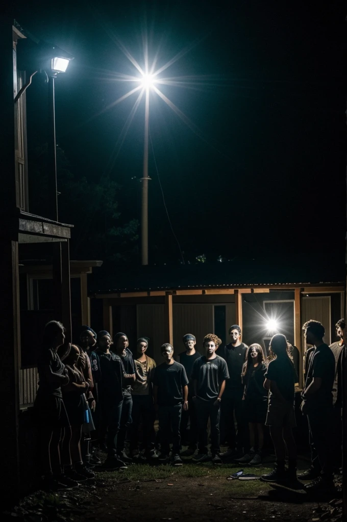 Image of a group of young people who are in the dark with flashlights and cameras, nervously looking towards the house]