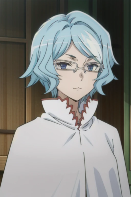 tall body, tall, long legs, smile, mature female, mature, adult, eft_danmachi_blue, glasses, 1girl, female focus, solo, upper body, looking at viewer, blue hair, blue eyes, grey hair, parody, short hair, white cape, closed mouth, expressionless, anime coloring