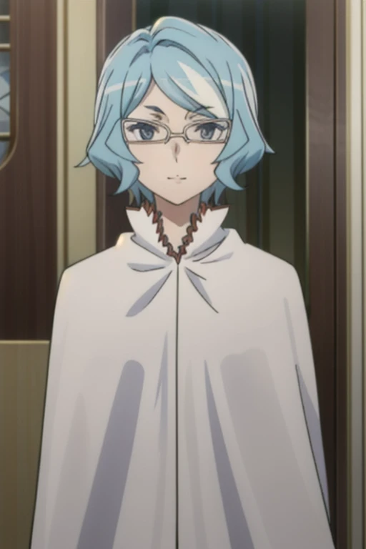 tall body, tall, long legs, smile, mature female, mature, adult, eft_danmachi_blue, glasses, 1girl, female focus, solo, upper body, looking at viewer, blue hair, blue eyes, grey hair, parody, short hair, white cape, closed mouth, expressionless, anime coloring
