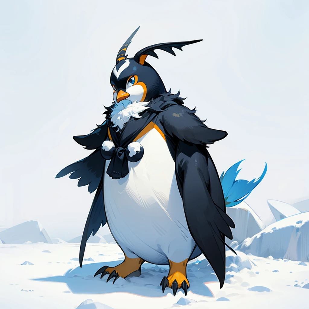 Full body version, watusi mixed with penguin, blue eyes, has long horns, Grassroots in snow