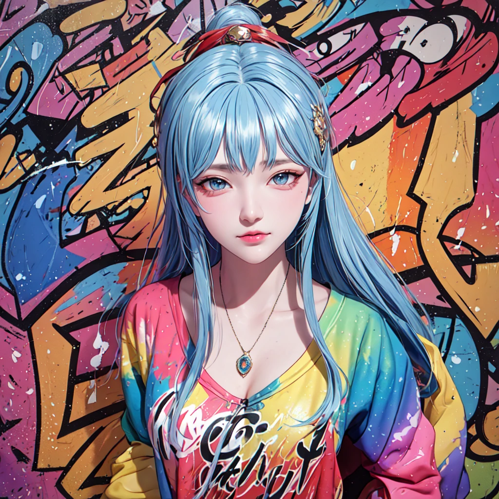 (best quality), masterpiece, Extremely detailed CG8K painting, high color, Extremely high color saturation, All colors are deepened, painting, graffiti art, central composition, Extremely detailed light and shadow, graffiti wall, The walls are painted bright colors, 1 girl graffiti 1 girl looking at the wall, The face and eyes are very detailed, medium length hair, sportswear, colorful clouds