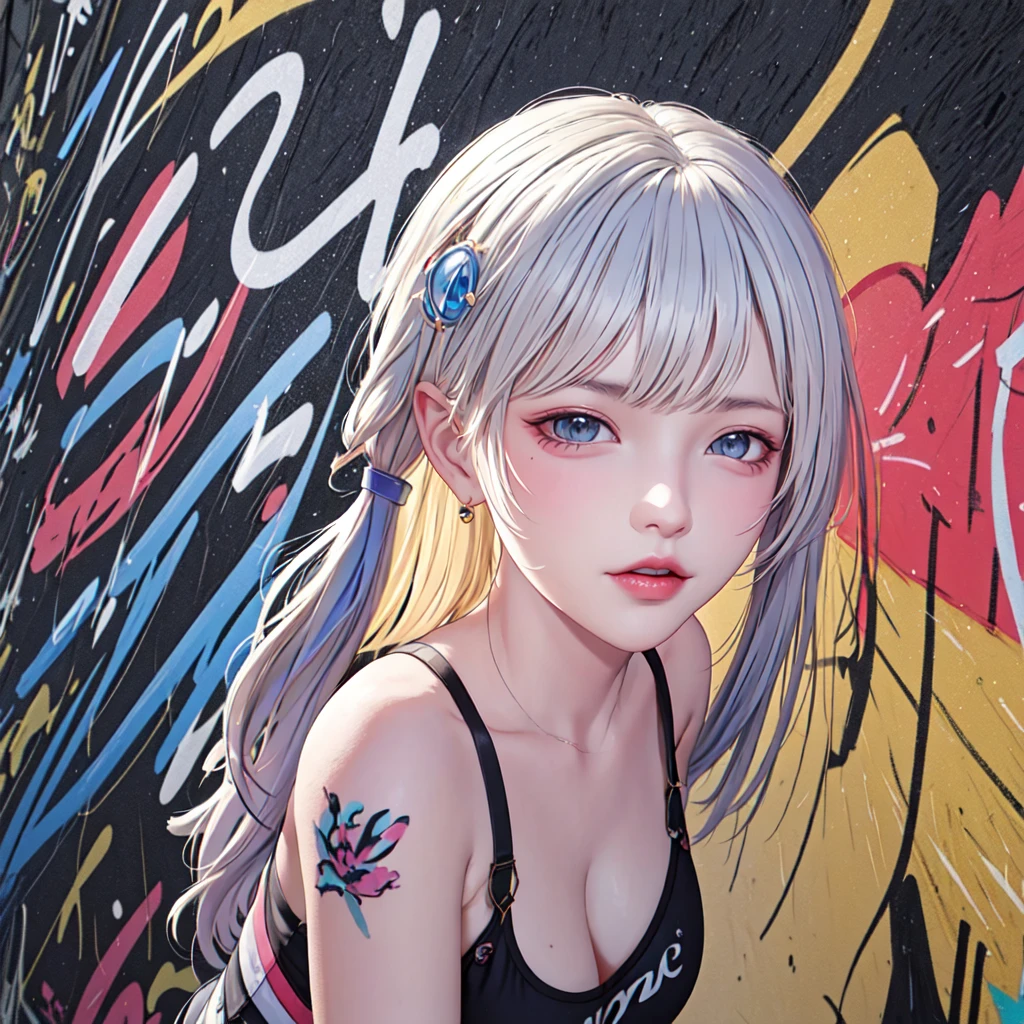 (best quality), masterpiece, Extremely detailed CG8K painting, high color, Extremely high color saturation, All colors are deepened, painting, graffiti art, central composition, Extremely detailed light and shadow, graffiti wall, The walls are painted bright colors, 1 girl graffiti 1 girl looking at the wall, The face and eyes are very detailed, medium length hair, sportswear, colorful clouds