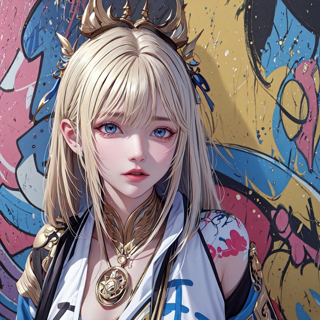 (best quality), masterpiece, Extremely detailed CG8K painting, high color, Extremely high color saturation, All colors are deepened, painting, graffiti art, central composition, Extremely detailed light and shadow, graffiti wall, The walls are painted bright colors, 1 girl graffiti 1 girl looking at the wall, The face and eyes are very detailed, medium length hair, sportswear, colorful clouds