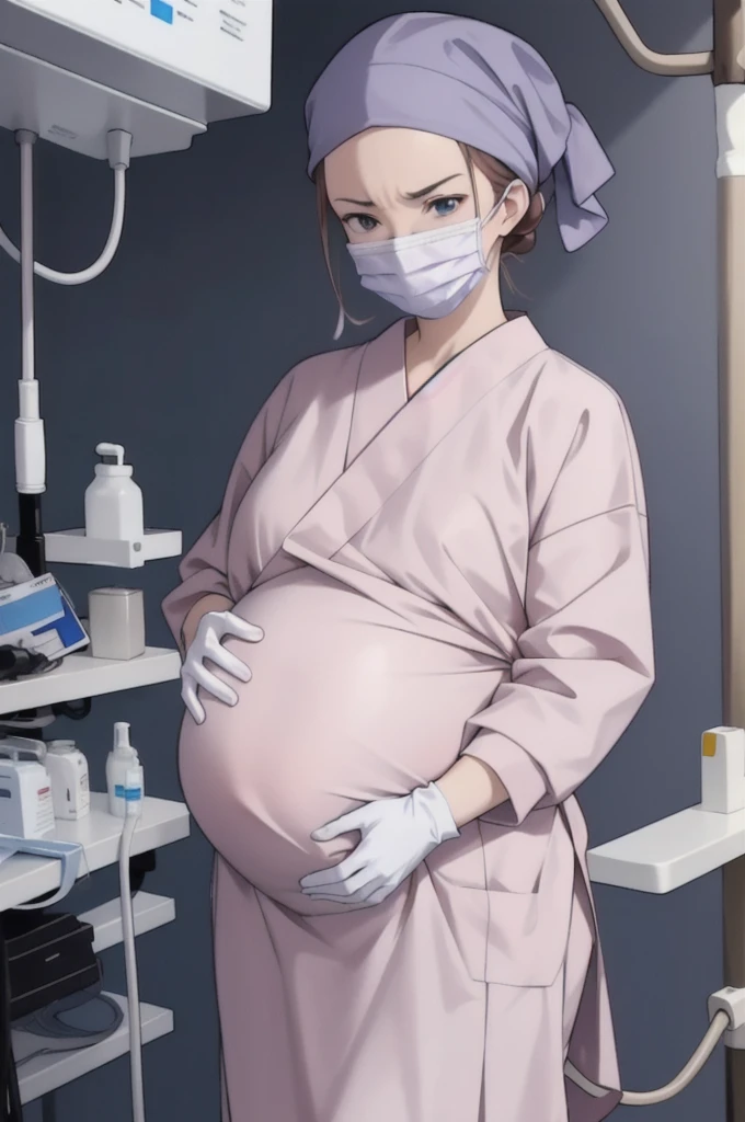 Score_9, Score_8_up, Score_7_up, source_anime, pale skin, surgical mask, surgical cap, long sleeve surgical gown, 
1 girl, pregnant, solo, rubber gloves, looking down, frowning, operating bed, in the operating room, standing,