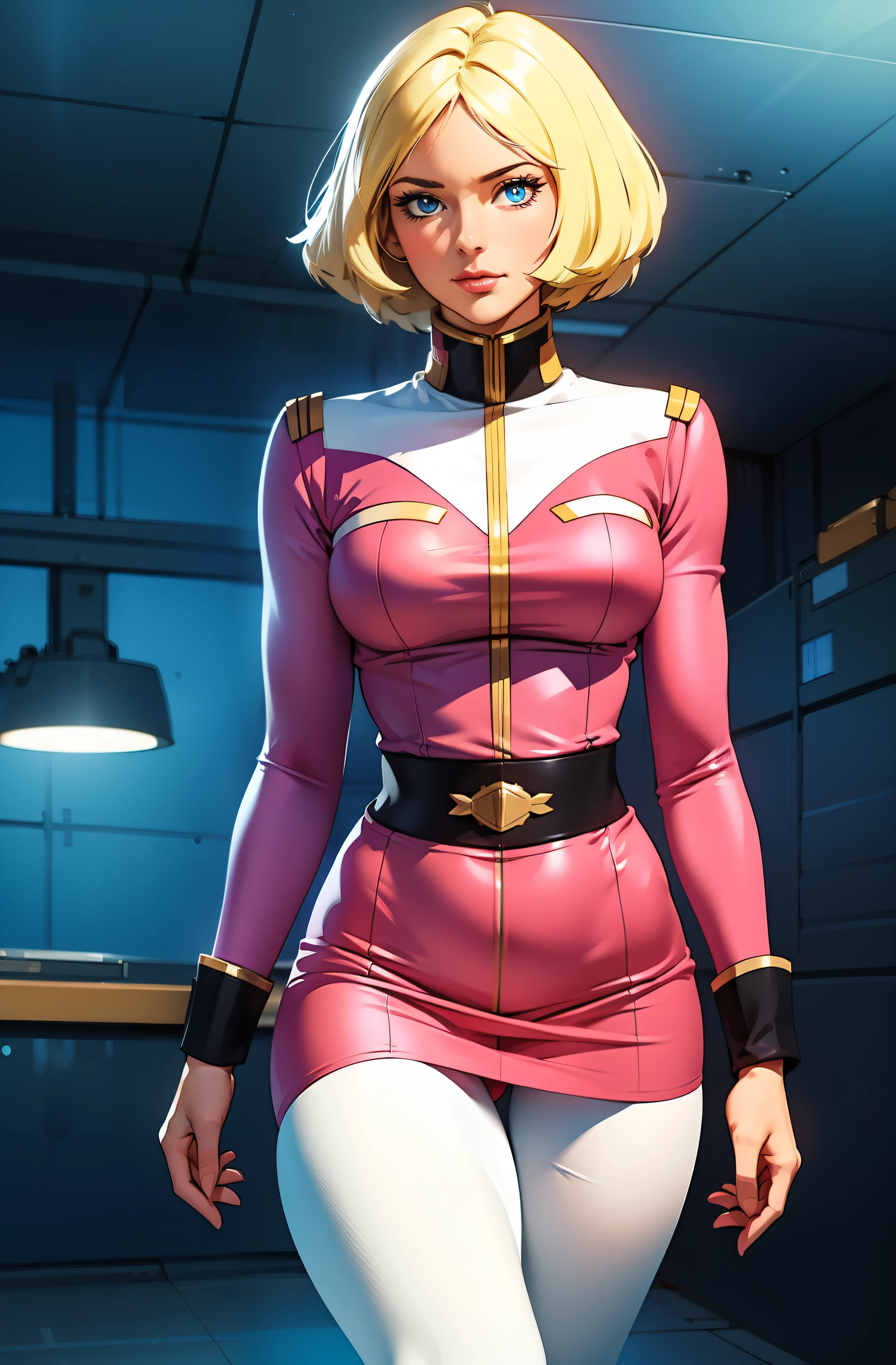 ((masterpiece)), ((cinematic lighting)), realistic photo、Real Images、Top image quality、1girl in, sayla mass, Elegant, masterpiece, Convoluted, slim arms, wide hips, thick thighs, thigh gaps, Best Quality, absurderes, high face detail, Perfect eyes, mature, Cowboy Shot, , Vibrant colors, soft pink uniform, soft pink Skirt, white tights