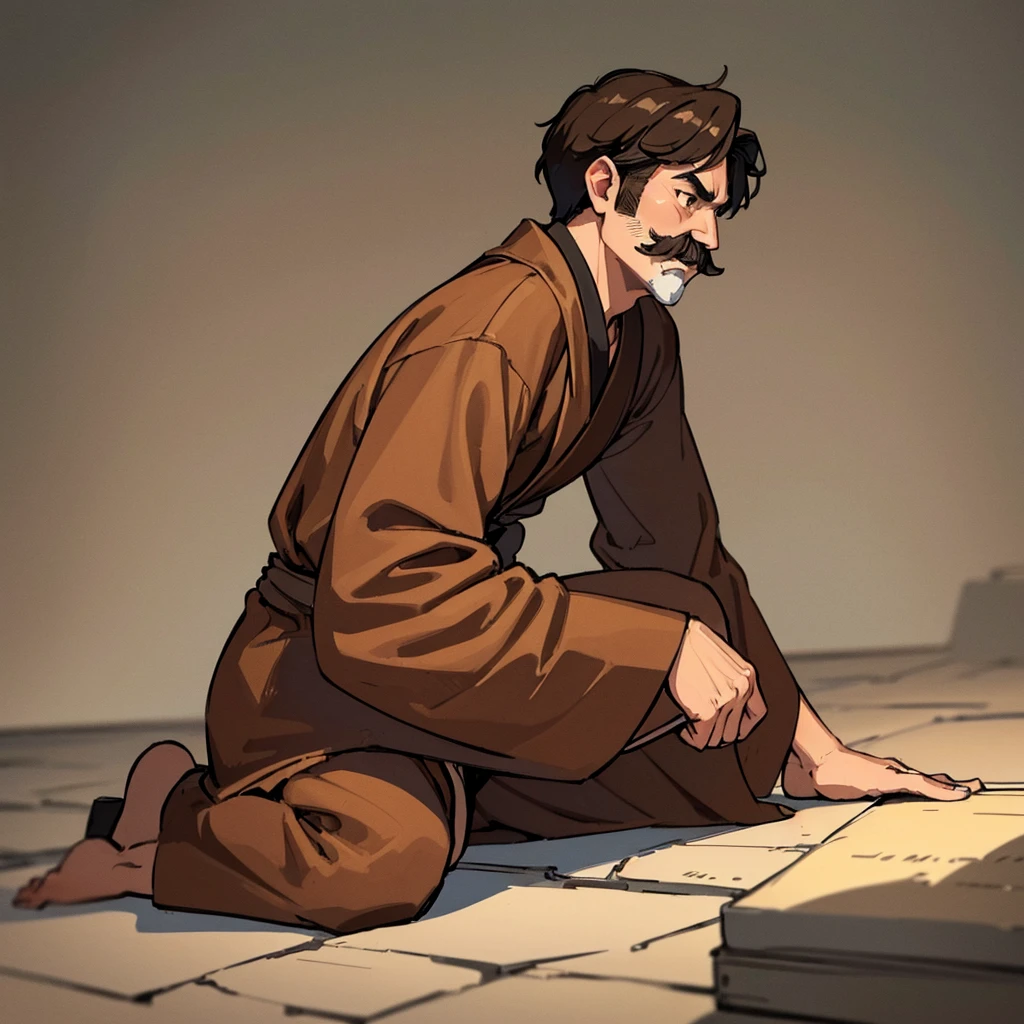 ((((Solo))))、Highest quality, Best Quality,Best illustrationiddle ages、(((Simple brown robe)))、(40-year-old uncle、mature、Kaiser moustache)、(LOL)、fight、(From the side、profile)、Kneel on the ground